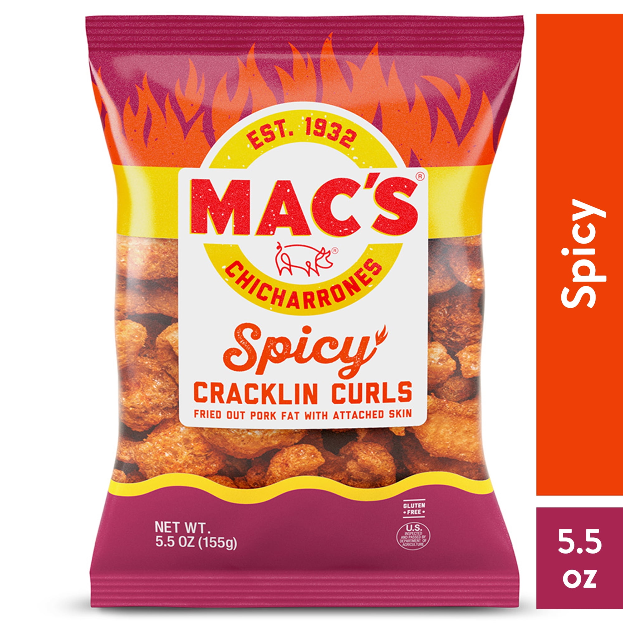 Mac's Spicy Crispy Fried Pork Cracklin Curls, Party Size, 5.5 oz Bag