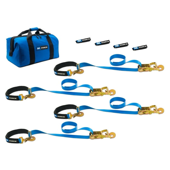 Mac's Tie-Downs 2in x 8' Super Pack Tie-Down Strap Kit with Integrated Axle Straps, Direct Hook Ends - Blue