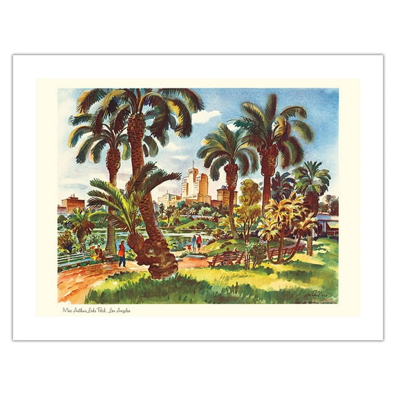MacArthur Park Lake Los Angeles - United Air Lines - Vintage Airline Travel Poster by Joseph Fehér c.1948 - Bamboo Fine Art 290gsm Paper (Unframed) 17x22in