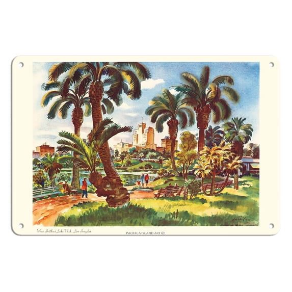 MacArthur Park Lake Los Angeles - United Air Lines - Vintage Airline Travel Poster by Joseph Fehér c.1948 - 8 x 12 inch Vintage Metal Tin Sign