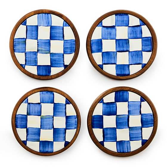 MacKenzie Childs Royal Check Coasters Set of 4 NEW in Gift BOX with Tags Round Back Blue White 100% Authentic, Great Gift Add a