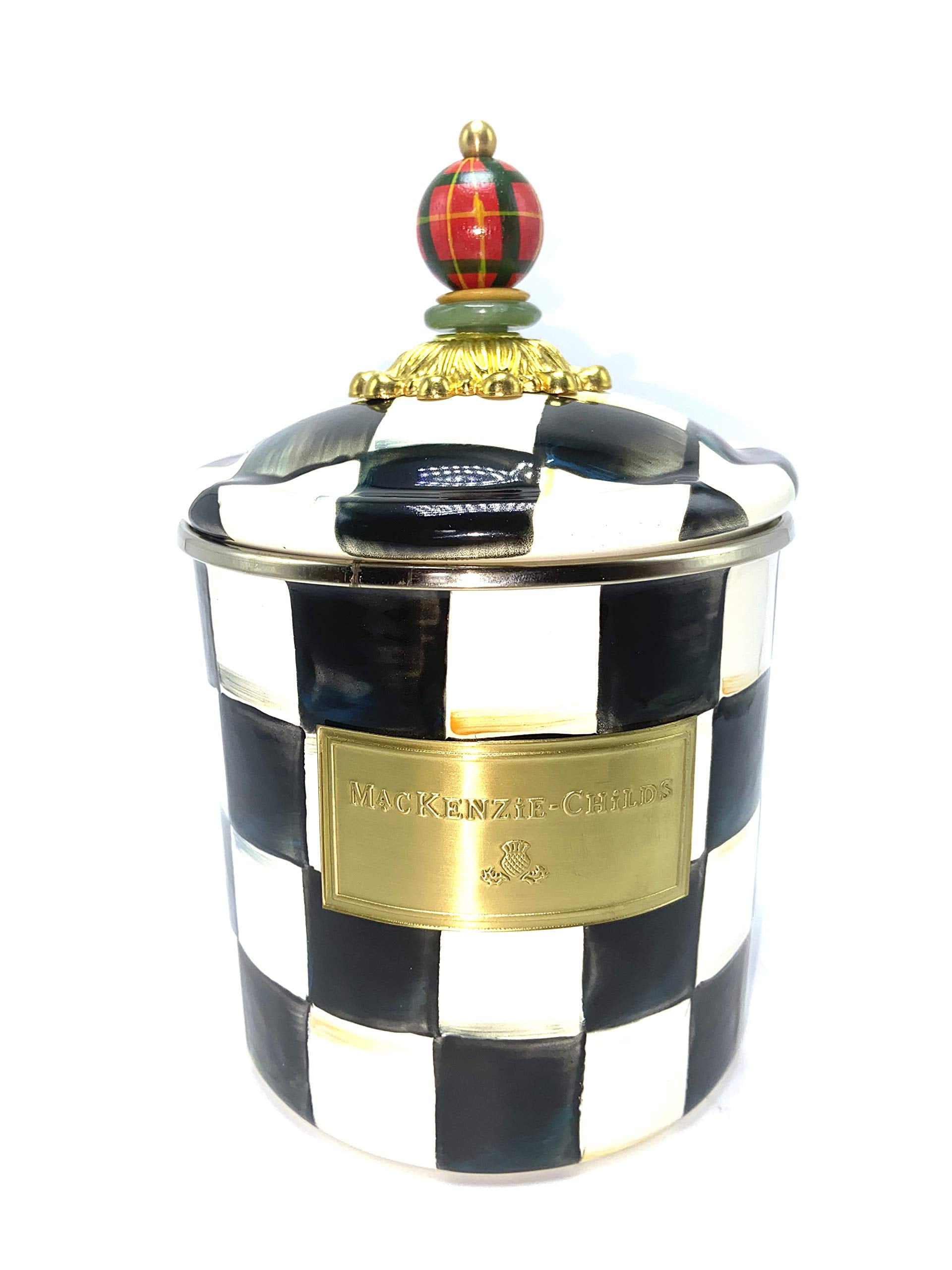 MacKenzie-Childs Small Enamel Canister-Courtly Check Brand New 5" dia., 4.75" tall (7.5" tall with lid), 38 oz. capacity