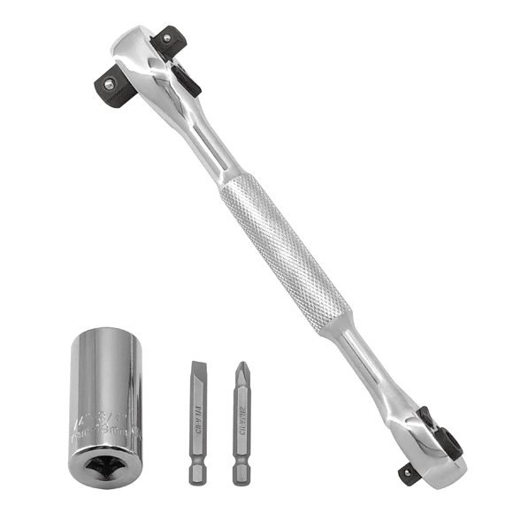 MacWork 4-in-1 Wrench and Universal Socket Set, 1/4", 1/2" Drive and 1/4" Drive Bit Driver Ratchet Handle, 72-Tooth, with Universal Socket(7-19mm), Phillips #2 & Slotted 1/4" Screwdriver Bit C94