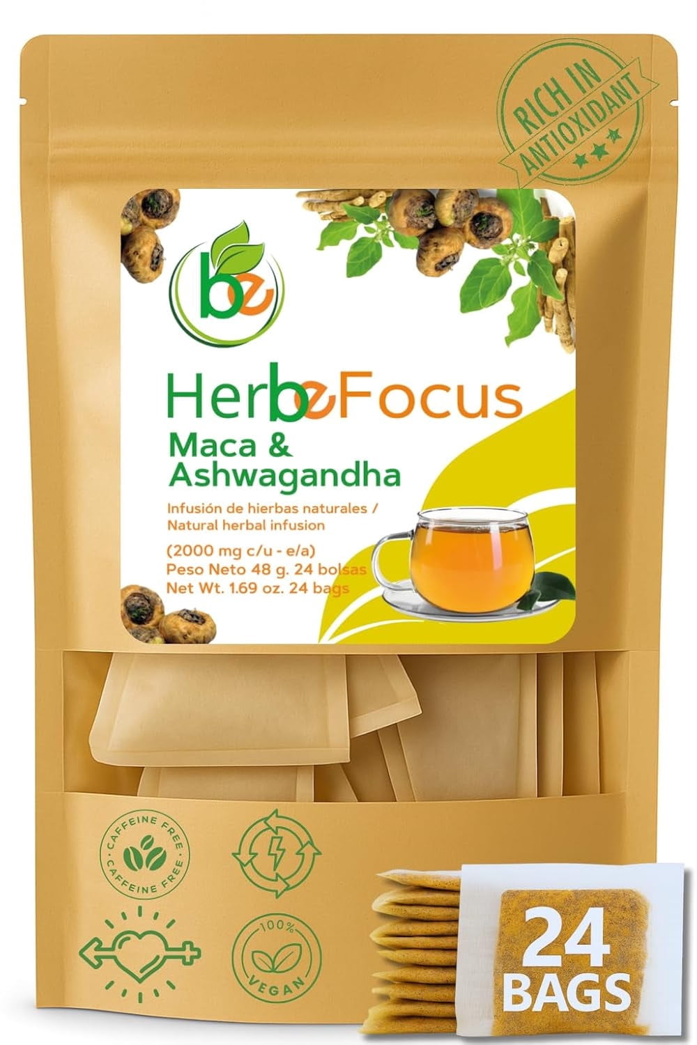 Maca & Ashwagandha Herbal Tea – 24 Tea Bags (2000 mg Each ...