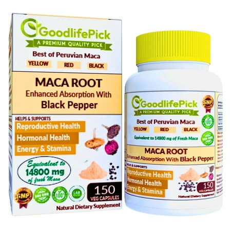 Peruvian Maca Root with Black Pepper. Blend of Yellow, Red & Black Maca for Max Benefits.- 150 caps