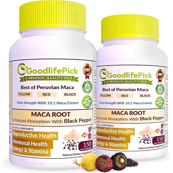 Best Maca Root Capsules with Black Pepper. Triple Maca Benefits for Energy, Stamina & Vitality (2 Bottle)  300 capsules