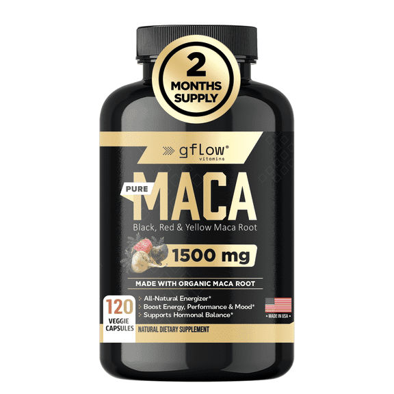 Maca Root Capsules 1500mg - Made with Black, Red, Yellow Peruvian Maca Root Extract & Black Pepper - 120 Vegan Pills - Supports Energy, Performance & Mood