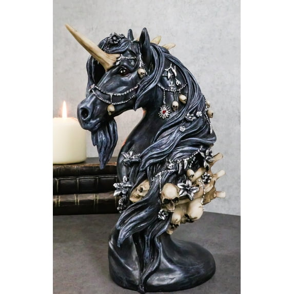 Macabre Black Dark Unicorn Horse With Skeleton Bones And Skulls Bust Figurine