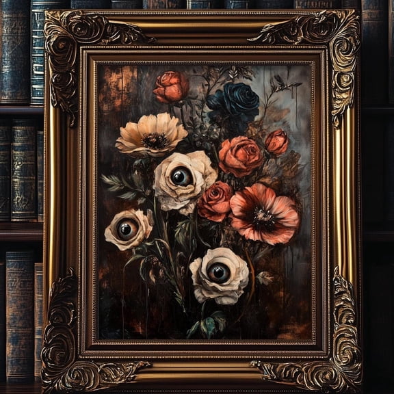 Macabre Botanical Goth Print, Dark Academia Home Decor, Victorian Gothic Poster, Forestcore, Autumn Colors, Spooky Eyes Flowers UNFRAMED