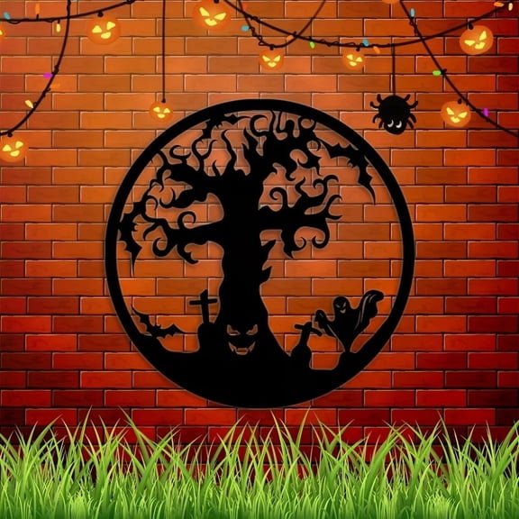 Macabre Metal Halloween Tree Wall Art - Gothic Black Iron Sculpture For Spooky Home Decor, Living Room, And Outdoor Halloween Displays