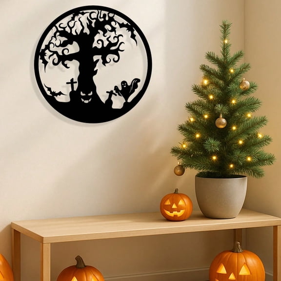 Macabre Metal Halloween Tree Wall Art - Gothic Black Iron Sculpture For Spooky Home Decor, Living Room, And Outdoor Halloween Displays