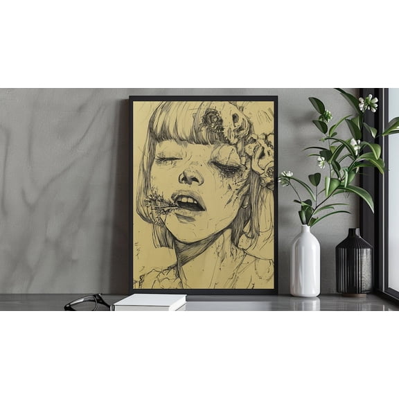 Macabre Portrait Of A Girl, Dark Aesthetic Line Art, Horror-Inspired Gothic Wall Art Print Wall Art, Modern Wall Decor, 8x12 UNFRAMED