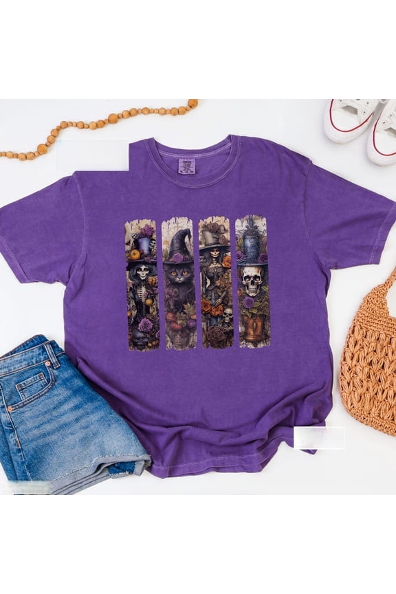 Macabre Voodoo Day of the Dead Haunted Mardi Gras Goth Brushstroke T-shirt Skeleton Black Cat Roses Skull Spooky Halloween