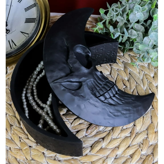 Macabre Witchcraft Gothic Black Skeletal Crescent Moon Skull Decorative Box