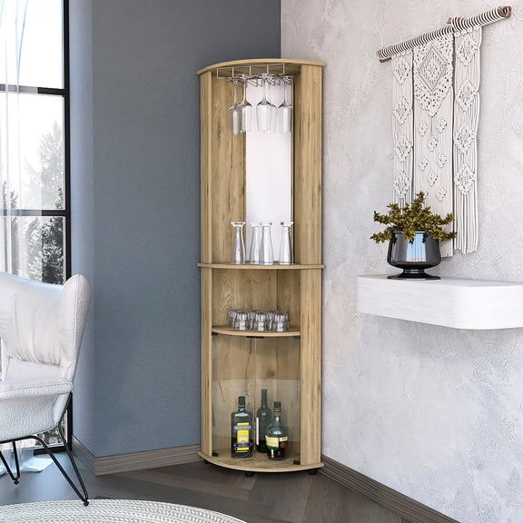 Macadamia 2-Shelf Corner Bar Cabinet for Displaying Booze in Style