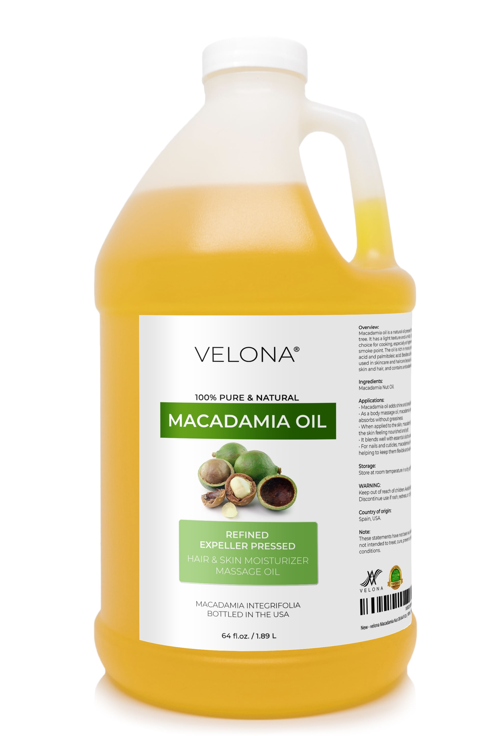 Macadamia Nut Oil by Velona - 64 Fl Oz | 100% Pure and Natural Carrier Oil | Refined | Cooking, Skin, Hair, Body & Face Moisturizing | Use Today - Enjoy Results