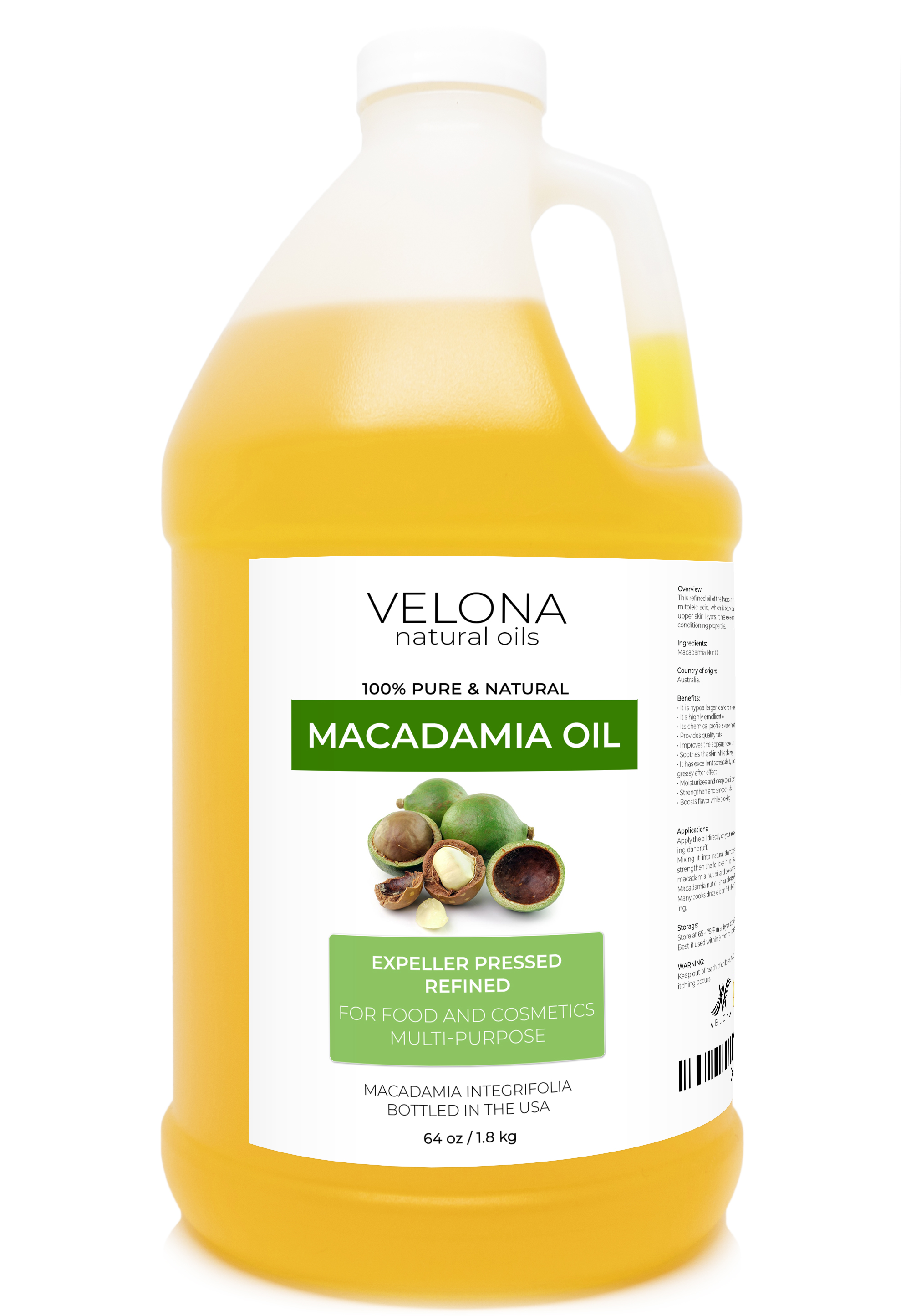 Macadamia Nut Oil by Velona 64 oz 100 Pure and Natural Carrier Oil Refined, Cold pressed