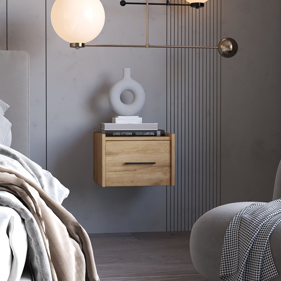 Macadamia Wall-Mounted Floating Nightstand,Natural Wood Furniture Bedroom Nightstands