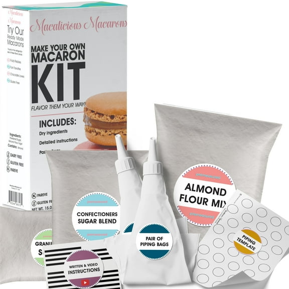 Macalicious Macaron Baking Mix - DIY Bake Your Own French Macarons Kit Includes All Dry Ingredients, Pastry Bags with Piping Tip, Template, and Detailed Instructions - Kosher, Dairy Free, Gluten Free