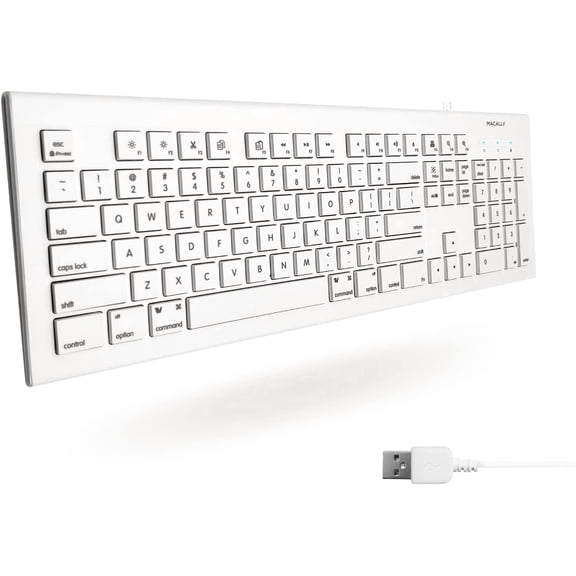 Macally USB Wired Keyboard - Full Size 104 Key, Mac & PC Compatible, White