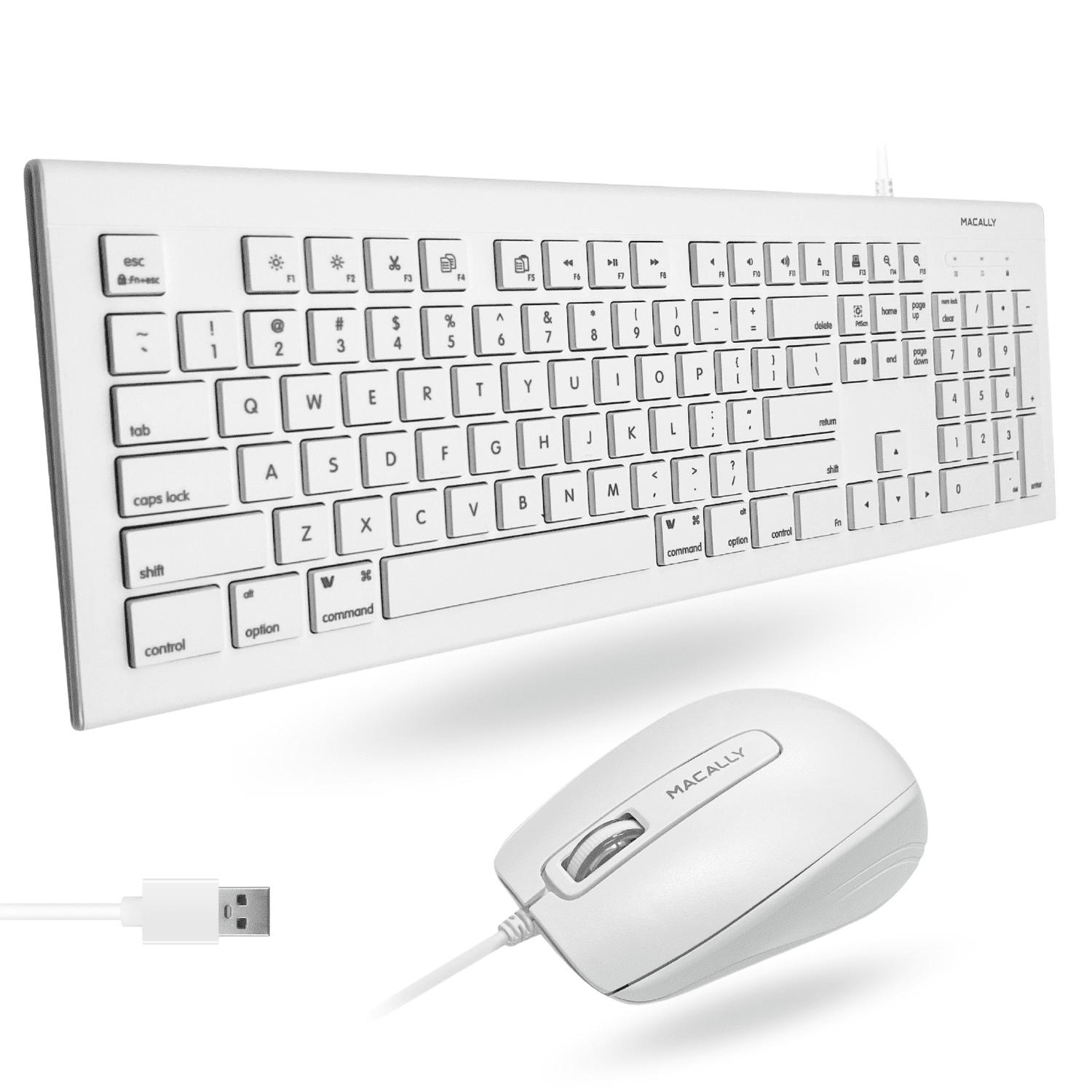 Macally 104 Key USB A Wired Keyboard W/ Apple 15 Shortcut Keys and 3 Button Optical Soft Click