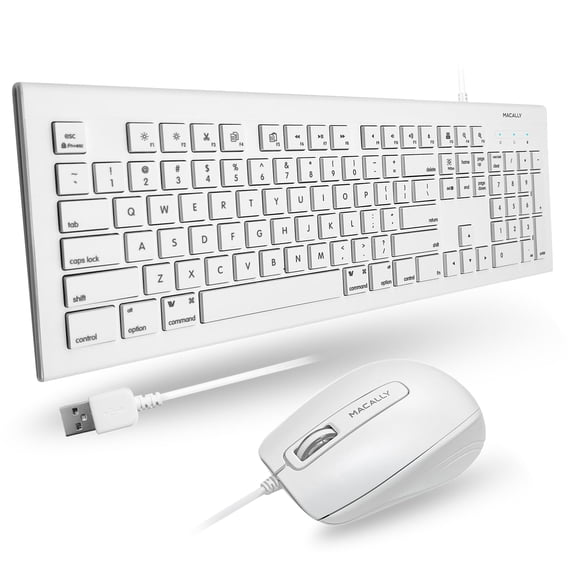 Macally 104 Key USB Wired Keyboard and Mouse Combo with Apple Shortcut Keys for Mac, iMac, Macbook, and Windows PC (MKEYECOMBO), White