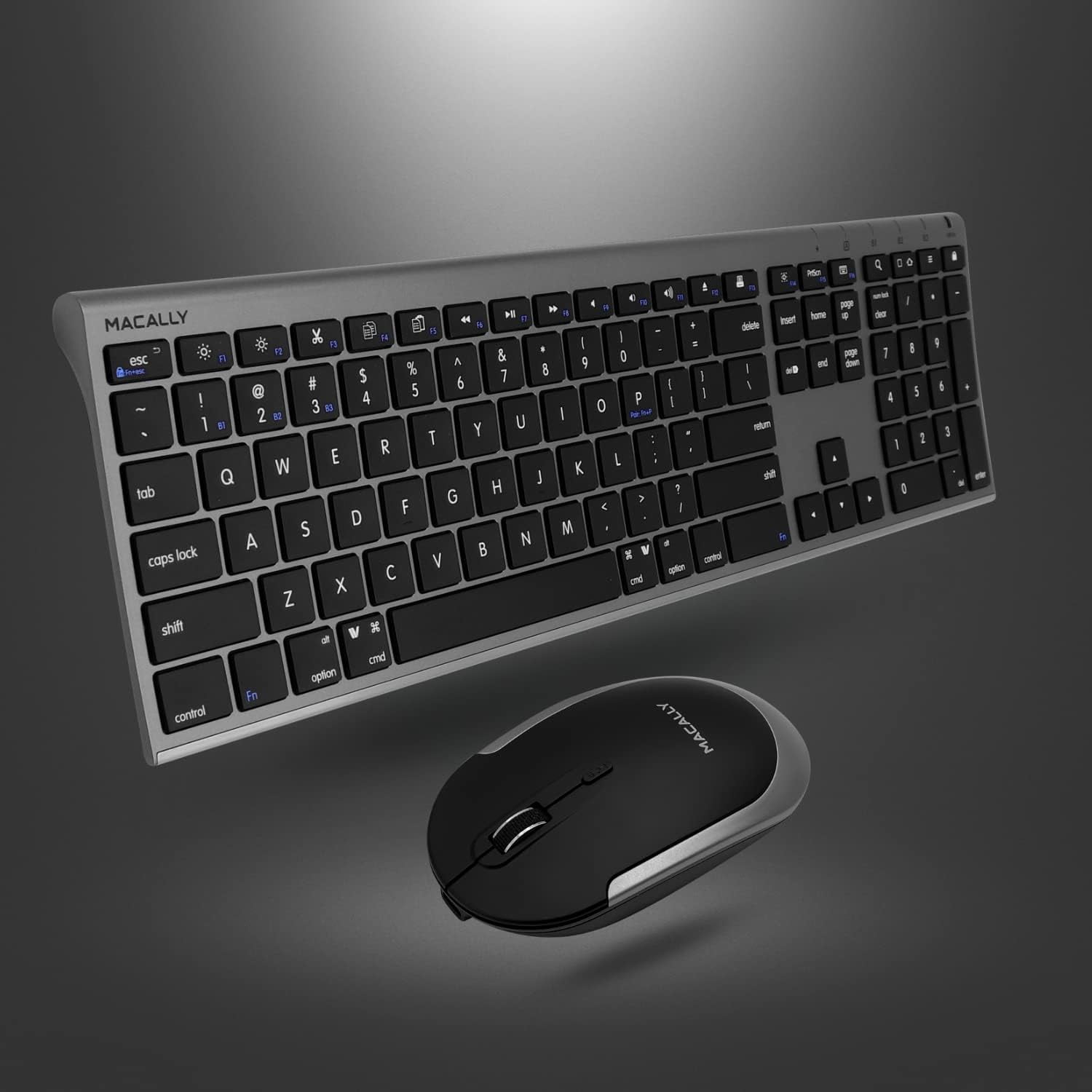 Macally Bluetooth Keyboard and Mouse | Mac Duo - Scissors Wireless Bluetooth Keyboard - 110 Key - Space Gray - Wireless Bluetooth Mouse - 1600 dpi - Space Gray - Compatible with Mac, PC