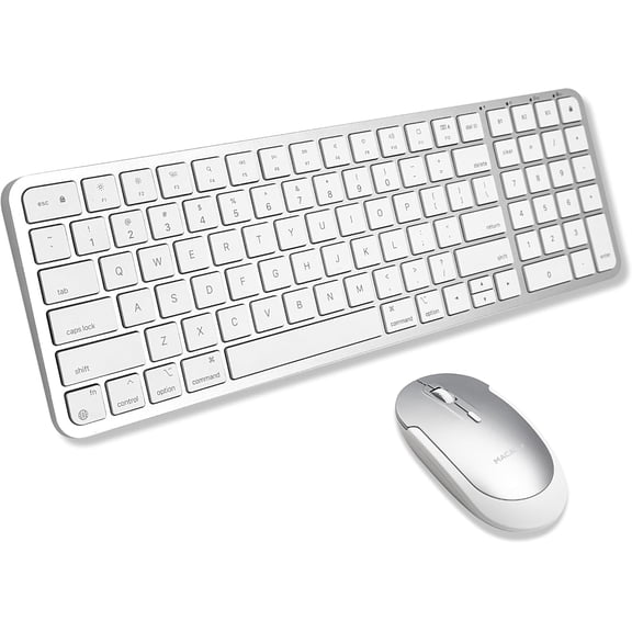 Macally Bluetooth Mac Keyboard and Mouse - Compact (2 Zone) Wireless Apple Keyboard and Mouse Combo with Number Pad - Multi Device, Rechargeable - for Mac, MacBook Pro/Air, iPad, iPhone - Silver