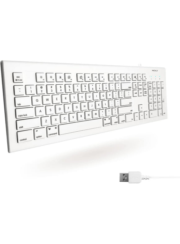 Macally Full Size USB Wired Keyboard for Mac and PC - Plug & Play Wired Computer Keyboard - Compatible Apple 104 Keyboard with 15 Shortcut Keys for Easy Controls & Navigation - White (MKEYE)