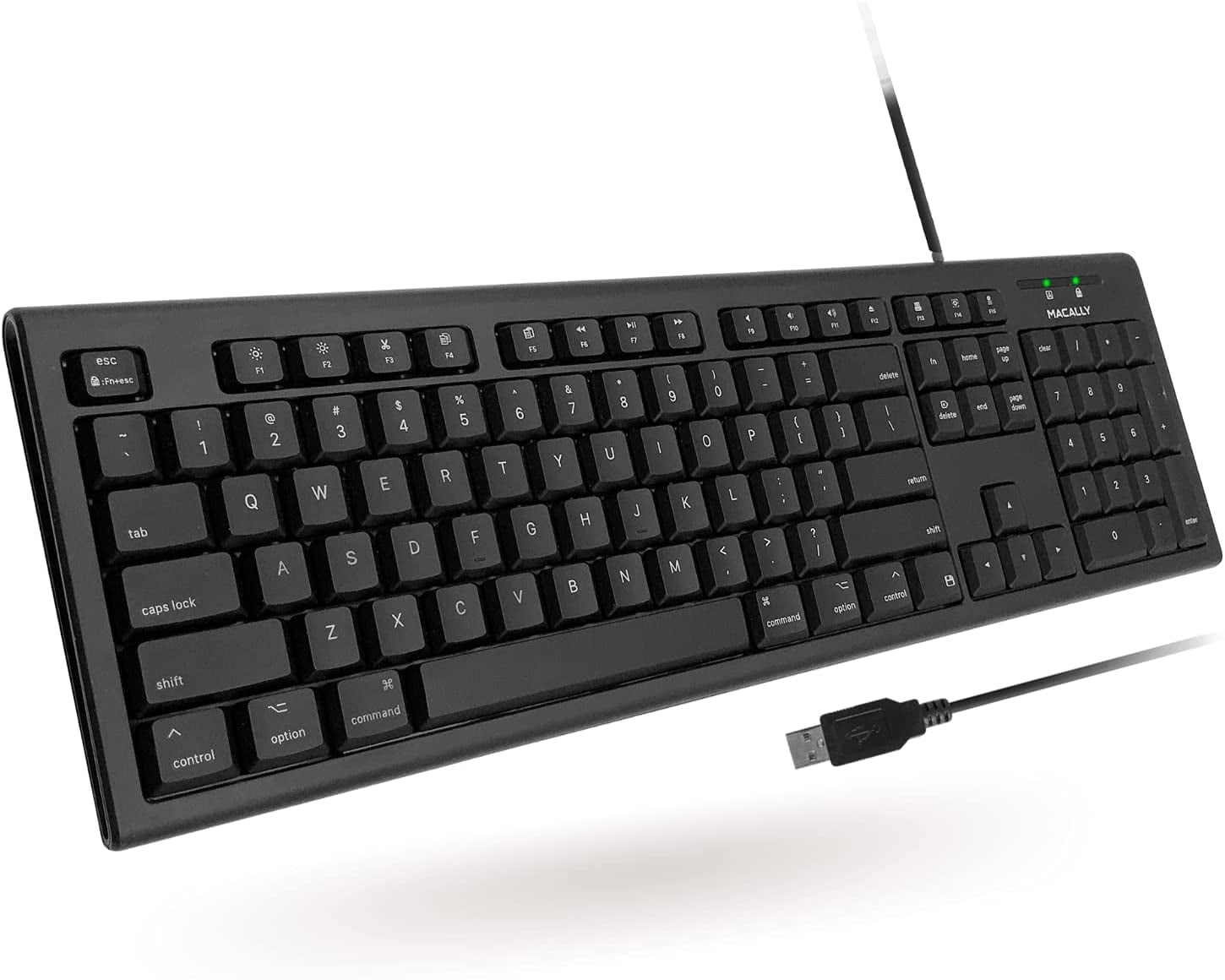 Macally Full-Size USB Wired Keyboard for Mac Mini/Pro, iMac Desktop Computer, MacBook Pro/Air Desktop w/ 16 Compatible Apple Shortcuts, Extended with Number Keypad, Rubber Domed Keycaps - Spill Proof