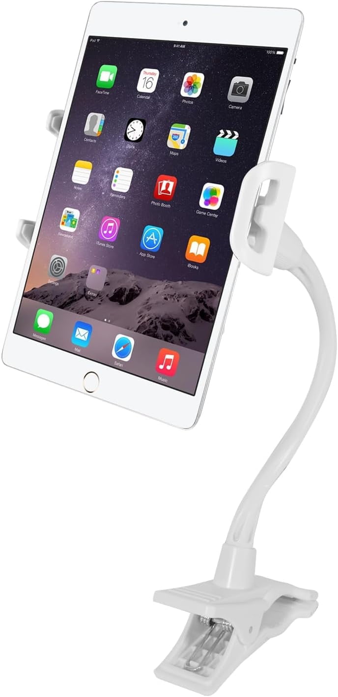 White Adjustable Gooseneck Clip Mount for Phones and Tablets