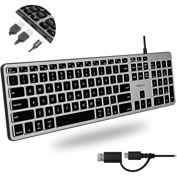 Macally Wired Keyboard for Mac with USB Hub (2X USB-A / 1x USB-C) - Space Gray