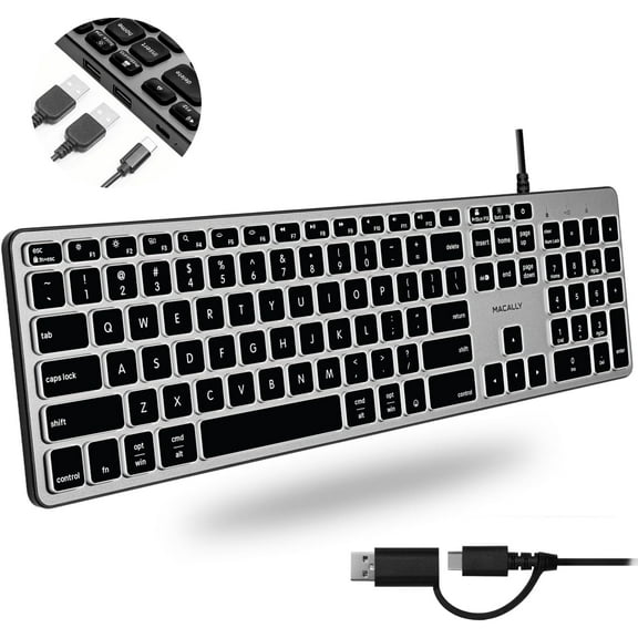 Macally Wired Keyboard for Mac with USB Hub (2X USB-A / 1x USB-C) - Compatible Backlit Apple Keyboard with Dual Interface - Auto OS Detection for Mac, Macbook Pro / Air, iMac, PC, Android, iPad, iOS
