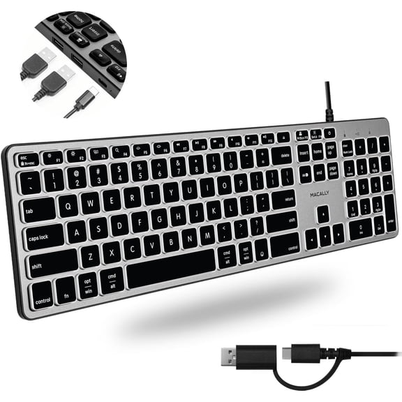 Macally Wired Keyboard for Mac with USB Hub (2X USB-A / 1x USB-C) - Compatible Backlit Apple Keyboard with Dual Interface - Auto OS Detection for Mac, Macbook Pro / Air, iMac, PC, Android, iPad, iOS