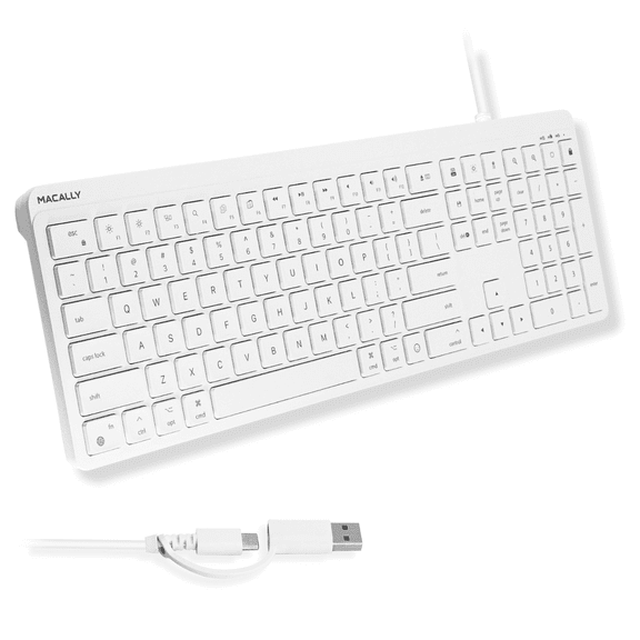 Macally Mac Wired Keyboard USB C + A (Dual Plug) - Full 107 Keys, 22 Shortcuts, and Quiet Typing - White