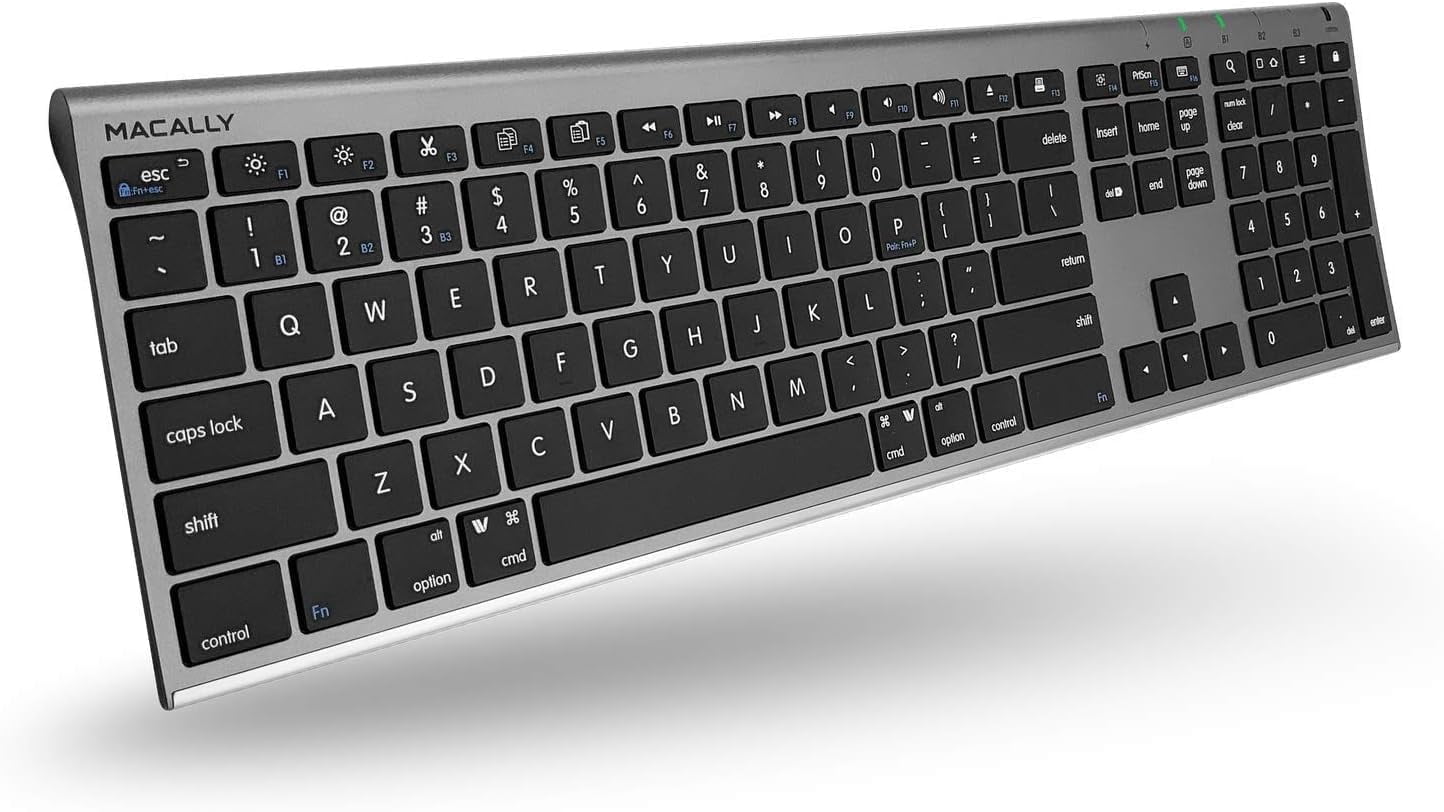 Macally Rechargeable Space Gray Quick Switch Bluetooth Keyboard For Three Devices