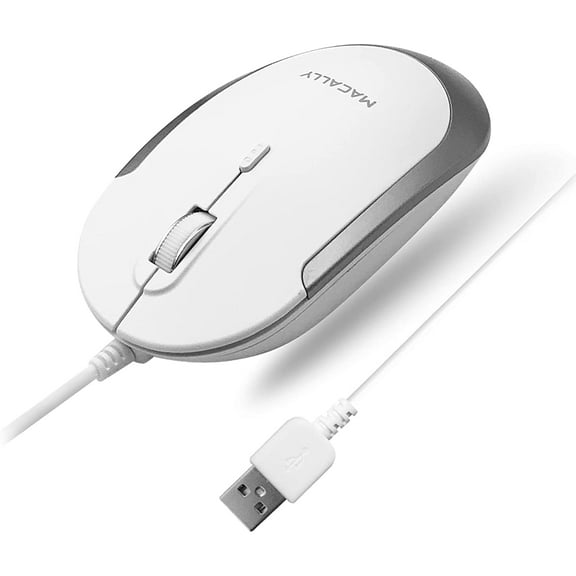 Macally Silent Wired Mouse - Slim & Compact USB Mouse for Apple Mac or Windows PC Laptop/Desktop - Optical Sensor & DPI Switch (White)