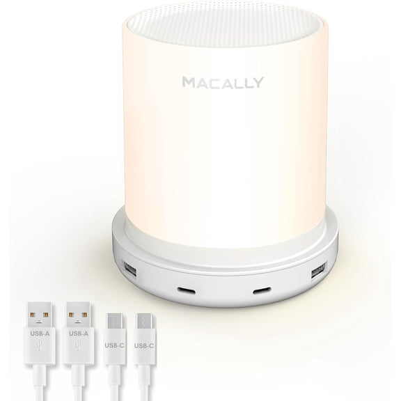 Macally Small Bedside Lamp with USB Ports (USB C + A) - Fast Charging Bedside Light and 3 Way Dimmable Touch Lamp for Nightstands - Great as a Night Light and Charger for Bedrooms