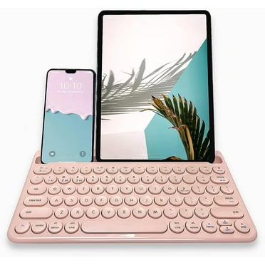 Macally Small Bluetooth Keyboard for Tablet and Phone - Multi Device Wireless Keyboard for iPhone iPad Android - Rechargeable Bluetooth Tablet Keyboard with Stand - Pink
