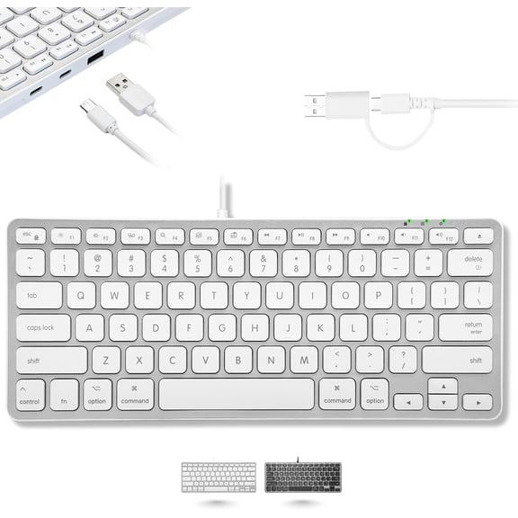 Macally Small Keyboard for Mac with USB Hub (3 Ports) - Wired 2 in 1 USB C + A Plug - Save Space with an Apple Compatible Keyboard (78-Key Layout) - Silver