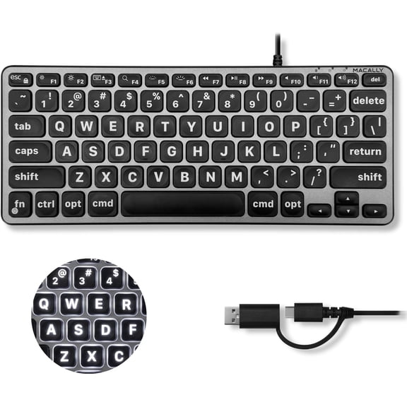 Macally Small Wired Keyboard for Mac (Dual USB-C & USB-A) Compact Mini USB Keyboard with Large Print Backlit Keys, Quiet Scissor Switch Typing, Compatible with MacBook Air & Mac Mini
