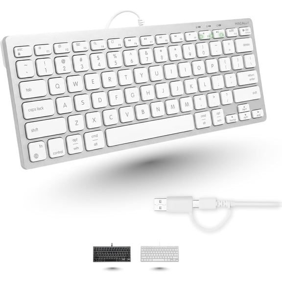 Macally Compact Wired Keyboard Dual USB-C & USB-A, 78-Key Layout, 13 Mac Shortcuts - Silver