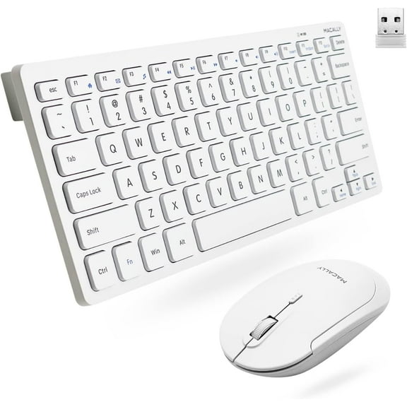 Macally Small Wireless Keyboard and Mouse Combo - Essential Work Duo - 2.4G Compact Wireless Keyboard Mouse for PC - 78 Key Cordless Mouse and Keyboard Combo with Mini Body and Quiet Click - White