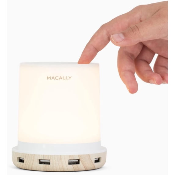 Macally Table Bedside Lamp with USB Ports, Touch Control, Dimmable Light - White/Wooden Base