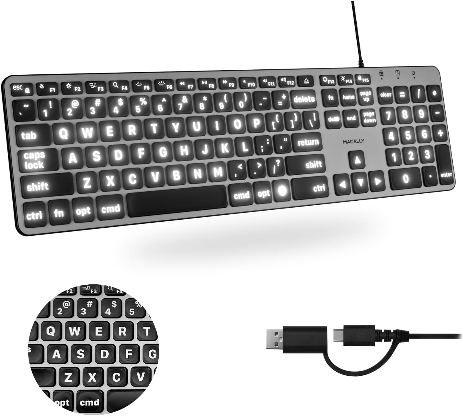 Macally Wired Keyboard for Mac (USB C + A) - Large Print and Backlit for Apple - 107 Key Full Size Large Letters USB C Keyboard for Macbook Pro/Air, Mac Mini, iMac