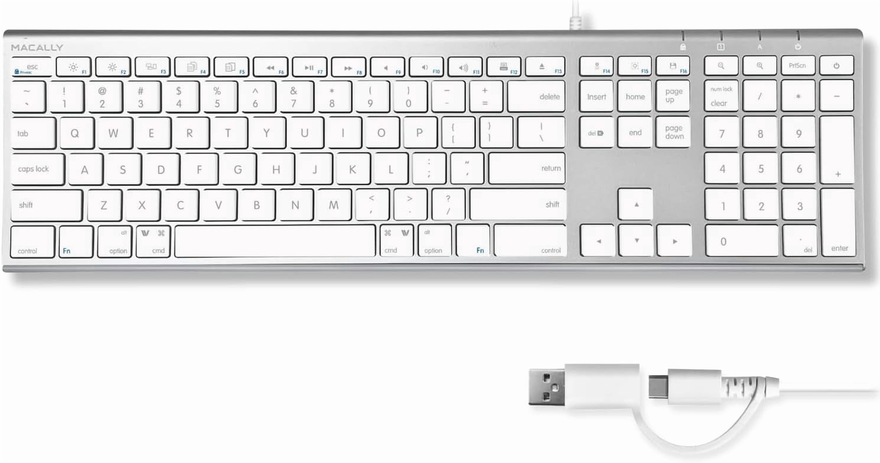 Macally USB C Keyboard (Upgraded) - Dual USB A + C Plug - Wired Keyboard for Mac - Ultra Slim, 20 Shortcuts, 110 Scissor Keys