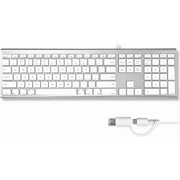 Macally USB C Keyboard (Upgraded) - Dual USB A + C Plug - Wired Keyboard for Mac - Ultra Slim, 20 Shortcuts, 110 Scissor Keys
