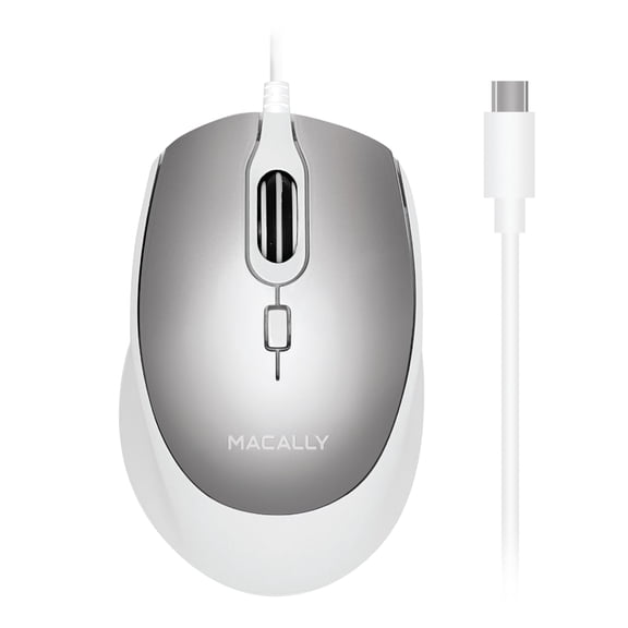 Macally USB C Mouse for Mac - Sculpted for Comfort - Wired Type C for MacBook Pro Air|iPad|PC|iOS|Android - Plug and Play USBC Apple with Ambidextrous Body and 4 DPI Modes - Silver
