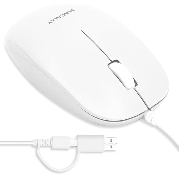 Macally USB Wired Mouse for Mac and Windows - Simple 3 Button Corded Computer Mouse Wired, Scroll Wheel Layout w/ Long Wire Cord - Plug and Play USB White Mouse Wired for Laptop, PC Desktop, Notebook