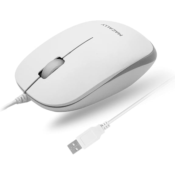 Macally USB Wired Mouse for Mac and Windows - Simple 3 Button Corded Computer Mouse Wired, Scroll Wheel Layout w/ Long Wire Cord - Plug and Play USB White Mouse Wired for Laptop, PC Desktop, Notebook